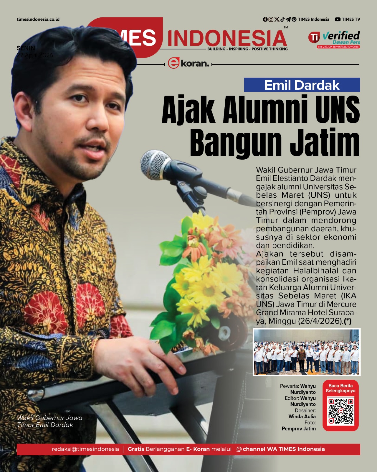 Wakil Gubernur Jawa Timur Emil Dardak Mengajak Alumni UNS Bersinergi dengan Pemprov Jatim dalam Bidang Ekonomi dan Pendidikan saat Halalbihalal IKA UNS di Surabaya